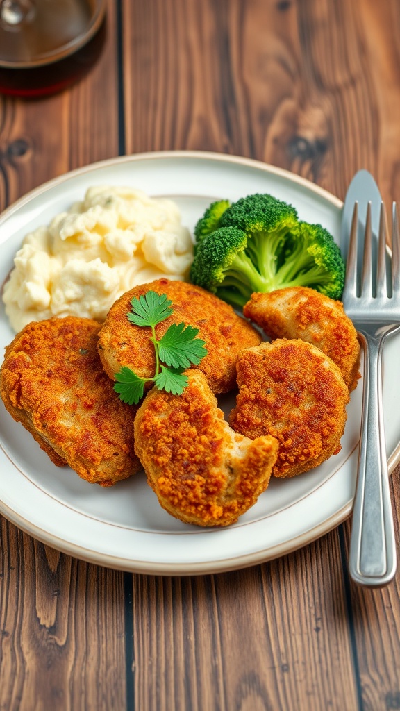 Crispy breaded pork cutlets served with mashed potatoes and broccoli on a rustic table.